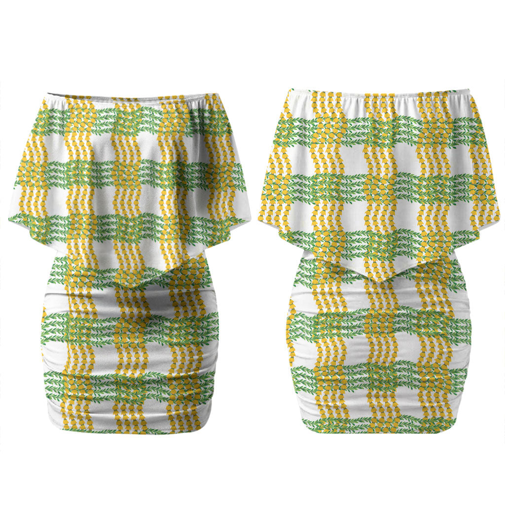 Aloha Hawaii Ilima Maile Lei Family Matching Off Shoulder Short Dress and Hawaiian Shirt Palaka Inspired Hawaiian-plaid White