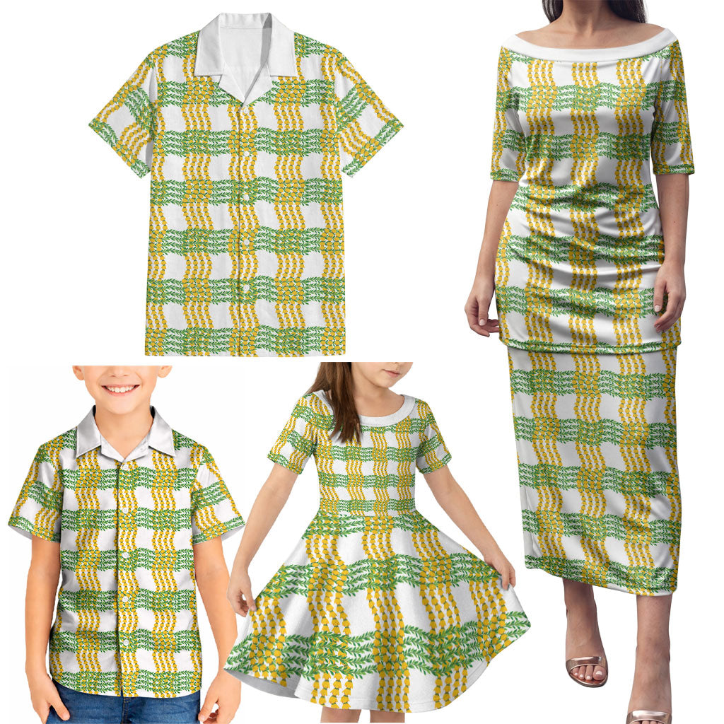 Aloha Hawaii Ilima Maile Lei Family Matching Puletasi and Hawaiian Shirt Palaka Inspired Hawaiian-plaid White