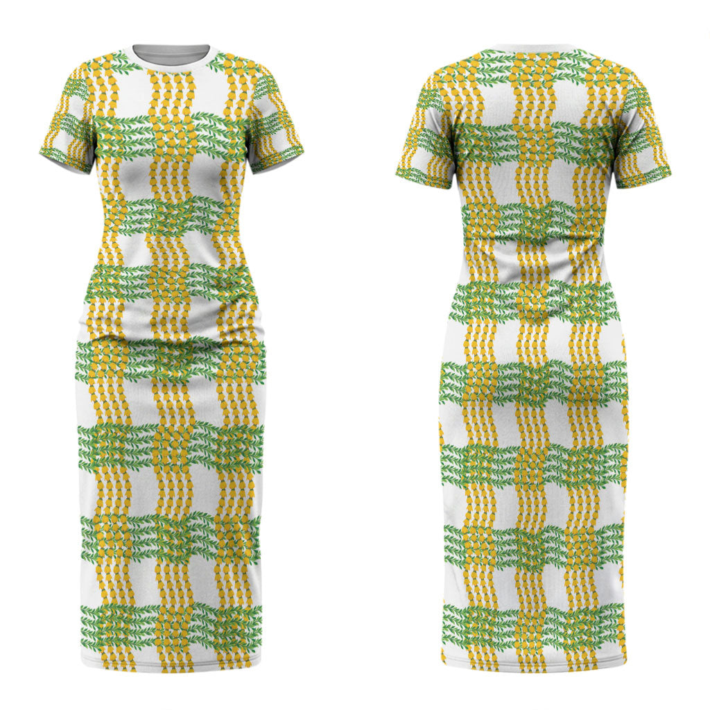 Aloha Hawaii Ilima Maile Lei Family Matching Short Sleeve Bodycon Dress and Hawaiian Shirt Palaka Inspired Hawaiian-plaid White