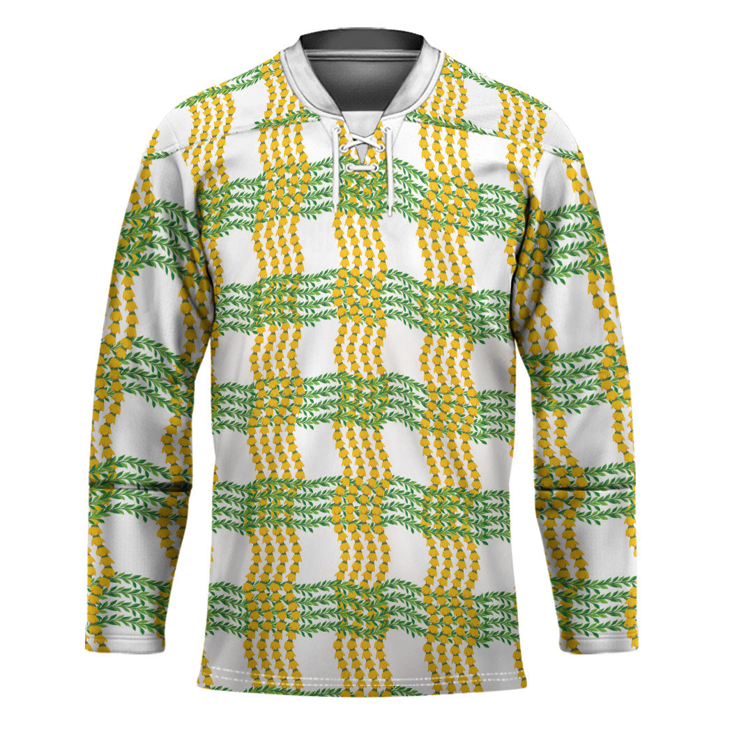 Aloha Hawaii Ilima Maile Lei Hockey Jersey Palaka Inspired Hawaiian-plaid White