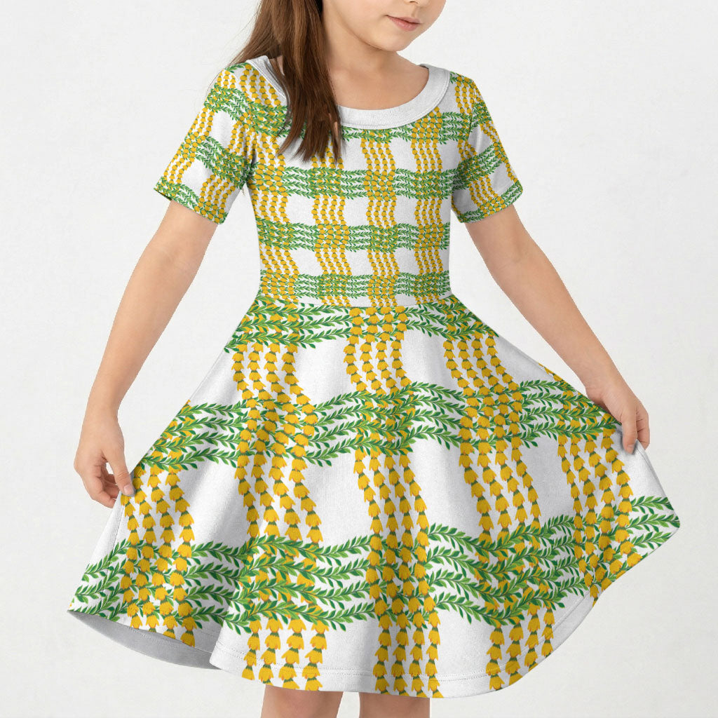 Aloha Hawaii Ilima Maile Lei Kid Short Sleeve Dress Palaka Inspired Hawaiian-plaid White