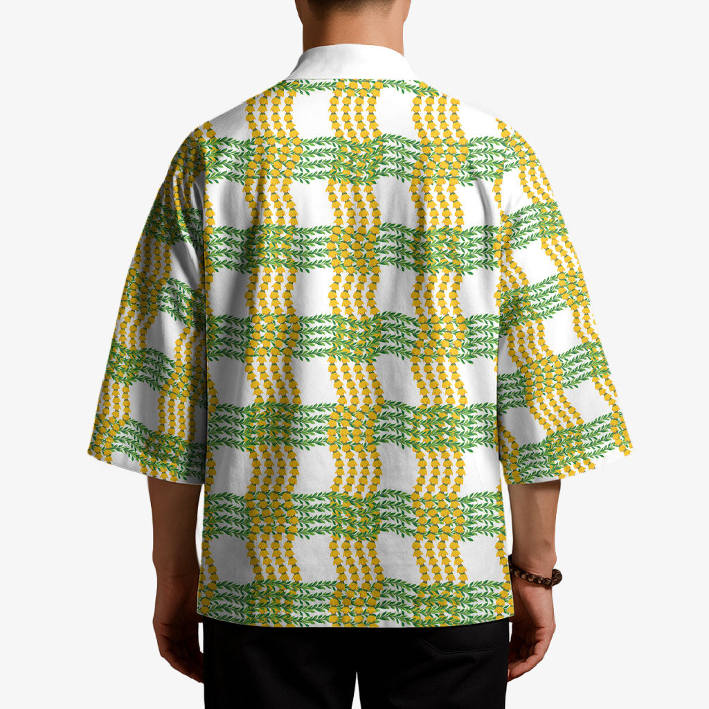 Aloha Hawaii Ilima Maile Lei Kimono Palaka Inspired Hawaiian-plaid White