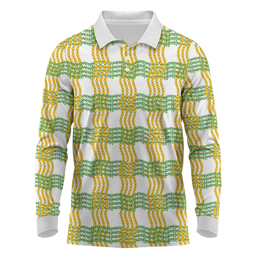 Aloha Hawaii Ilima Maile Lei Long Sleeve Polo Shirt Palaka Inspired Hawaiian-plaid White