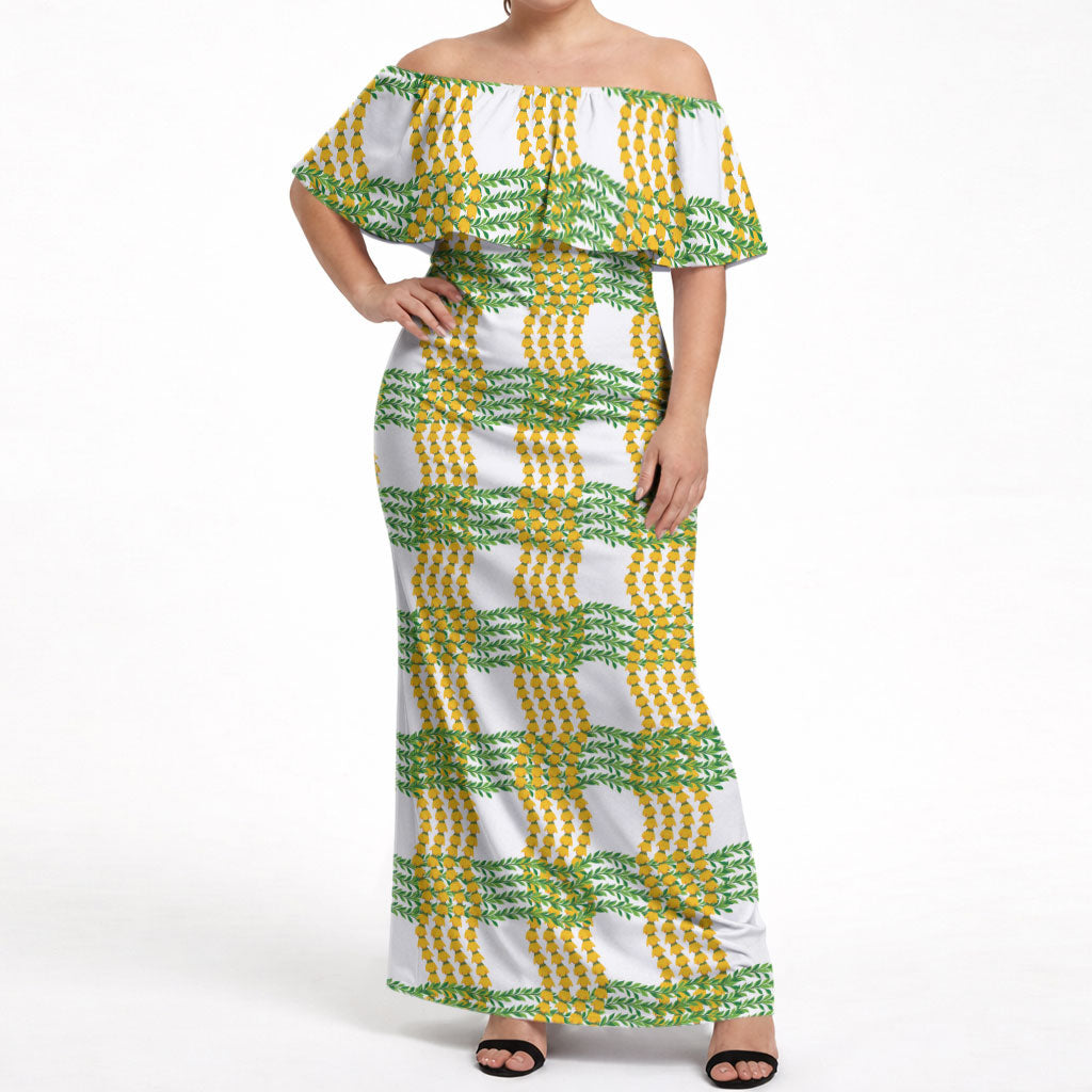 Aloha Hawaii Ilima Maile Lei Off Shoulder Maxi Dress Palaka Inspired Hawaiian-plaid White