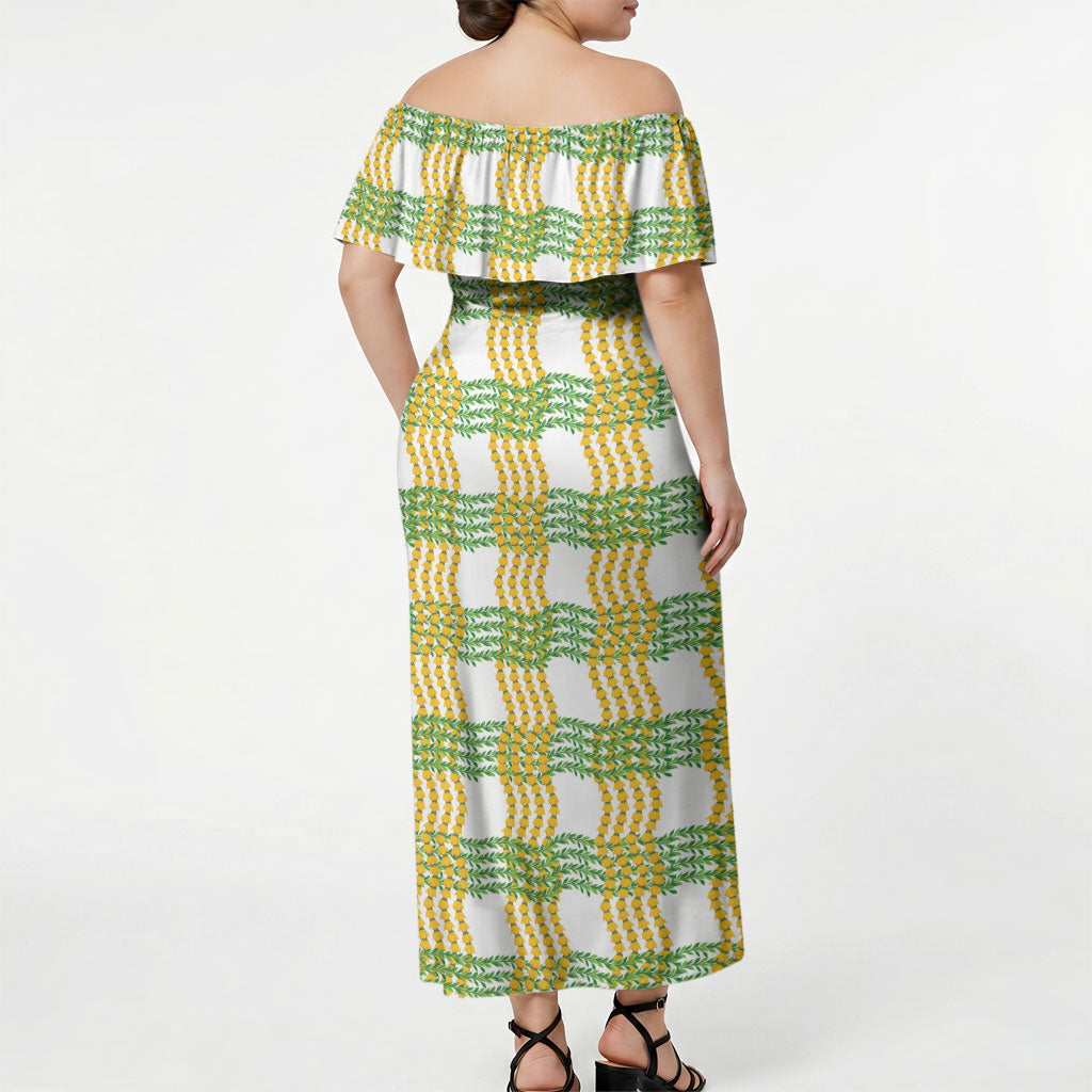 Aloha Hawaii Ilima Maile Lei Off Shoulder Maxi Dress Palaka Inspired Hawaiian-plaid White