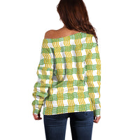 Aloha Hawaii Ilima Maile Lei Off Shoulder Sweater Palaka Inspired Hawaiian-plaid White