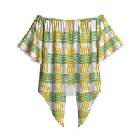 Aloha Hawaii Ilima Maile Lei Off Shoulder Wrap Waist Top Palaka Inspired Hawaiian-plaid White