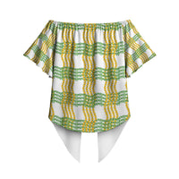 Aloha Hawaii Ilima Maile Lei Off Shoulder Wrap Waist Top Palaka Inspired Hawaiian-plaid White