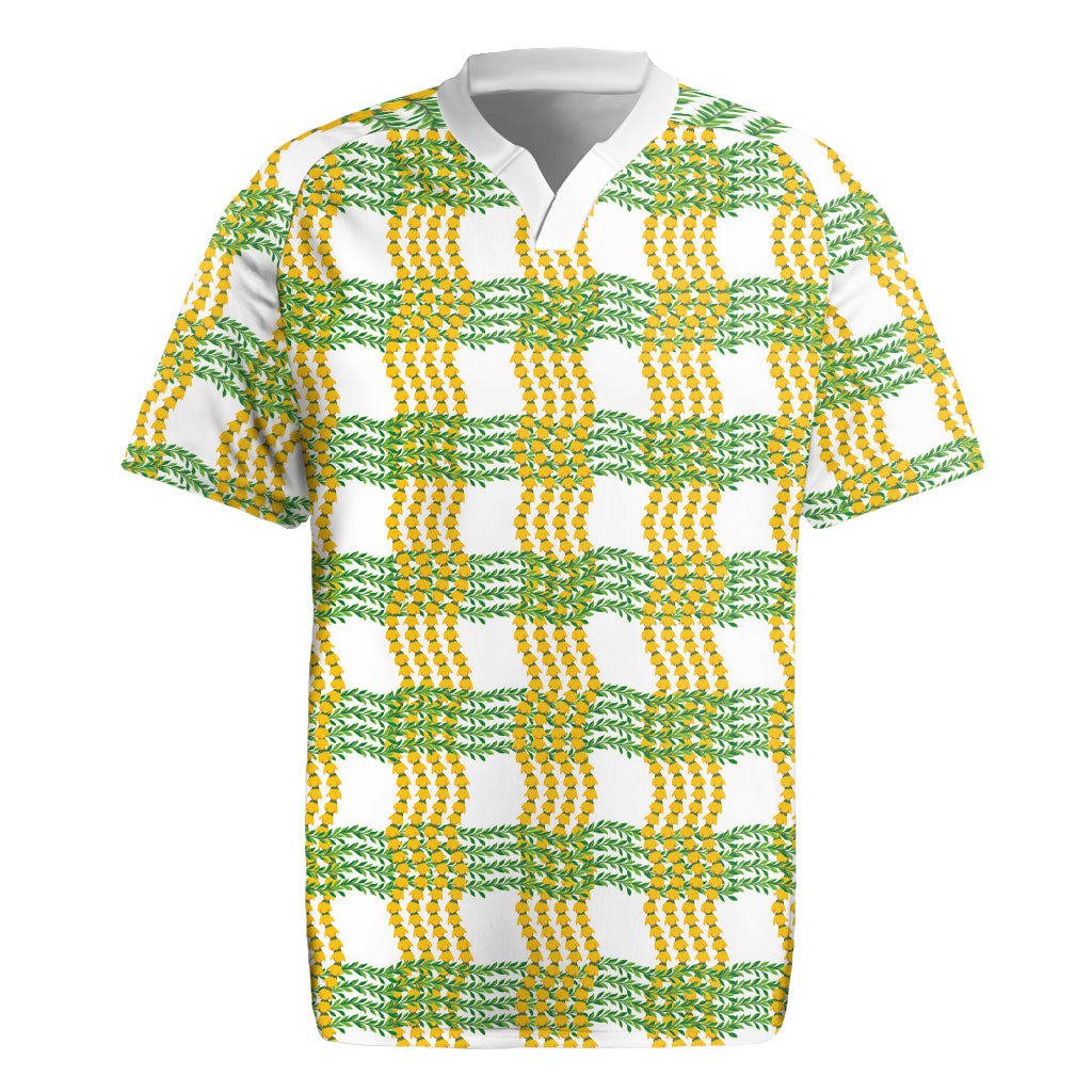 Aloha Hawaii Ilima Maile Lei Rugby Jersey Palaka Inspired Hawaiian-plaid White