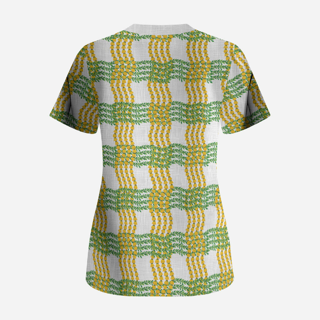 Aloha Hawaii Ilima Maile Lei Scrub Top Palaka Inspired Hawaiian-plaid White
