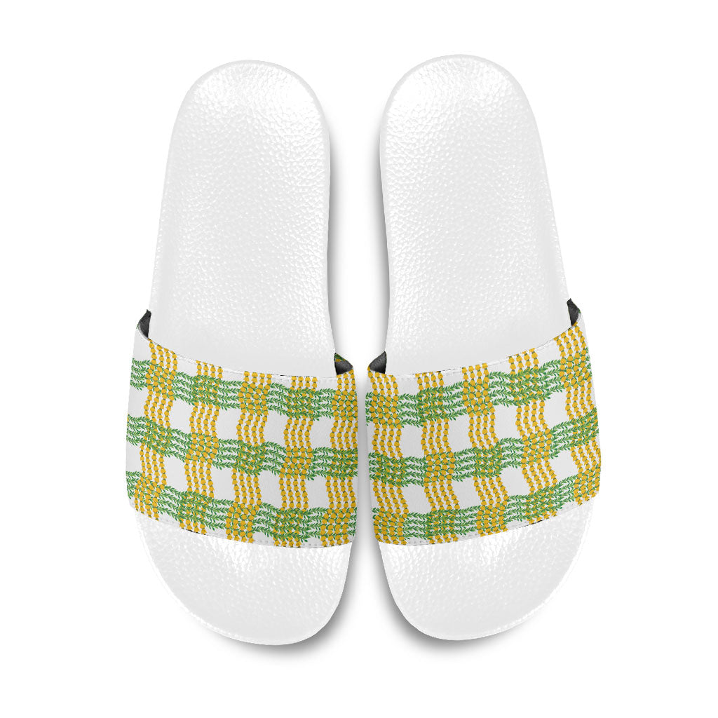 Aloha Hawaii Ilima Maile Lei Slide Sandals Palaka Inspired Hawaiian-plaid White