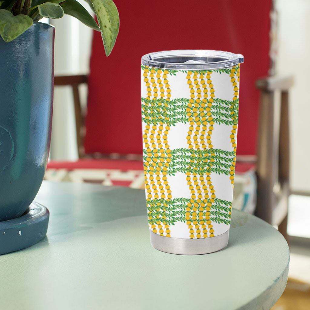 Aloha Hawaii Ilima Maile Lei Tumbler Cup Palaka Inspired Hawaiian-plaid White