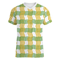 Aloha Hawaii Ilima Maile Lei Women V-Neck T-Shirt Palaka Inspired Hawaiian-plaid White