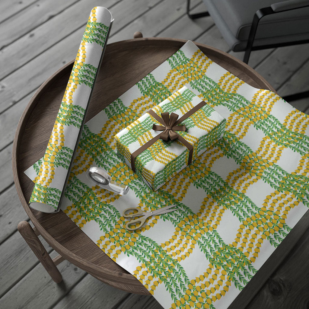 Aloha Hawaii Ilima Maile Lei Wrapping Paper Palaka Inspired Hawaiian-plaid White