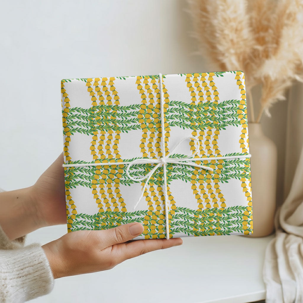 Aloha Hawaii Ilima Maile Lei Wrapping Paper Palaka Inspired Hawaiian-plaid White
