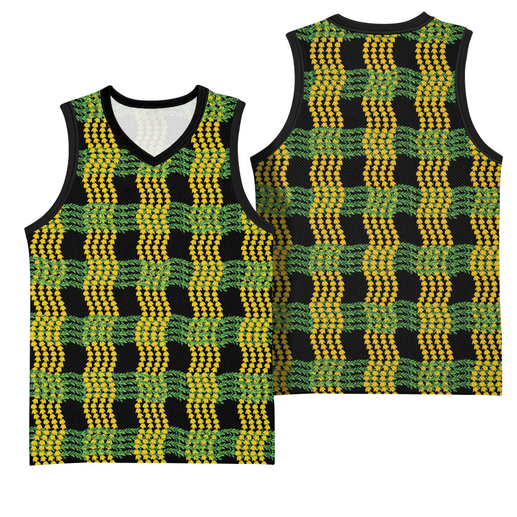 Aloha Hawaii Ilima Maile Lei Basketball Jersey Palaka Inspired Hawaiian-plaid Black