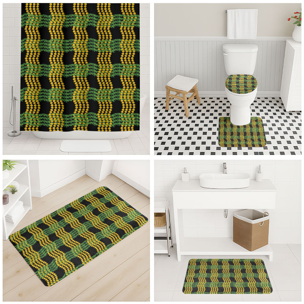Aloha Hawaii Ilima Maile Lei Bathroom Set Palaka Inspired Hawaiian-plaid Black