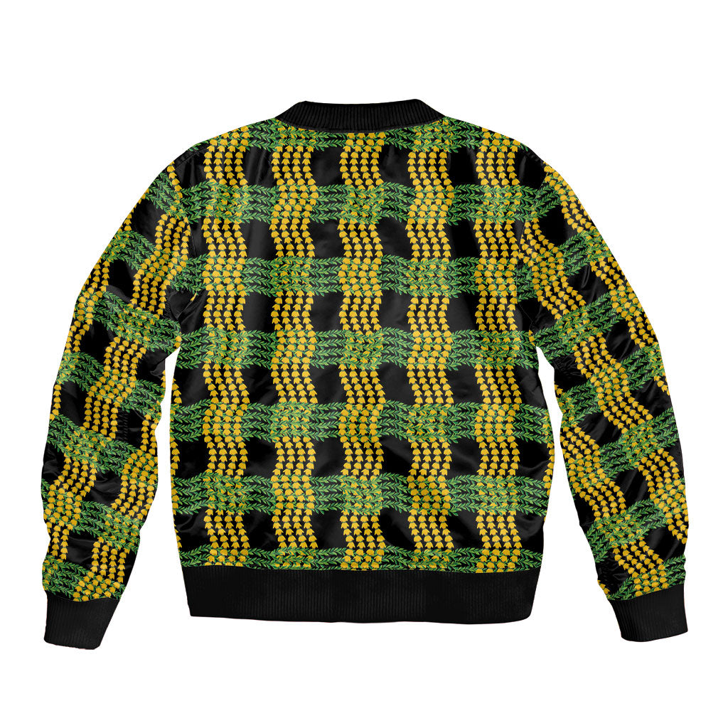 Aloha Hawaii Ilima Maile Lei Bomber Jacket Palaka Inspired Hawaiian-plaid Black