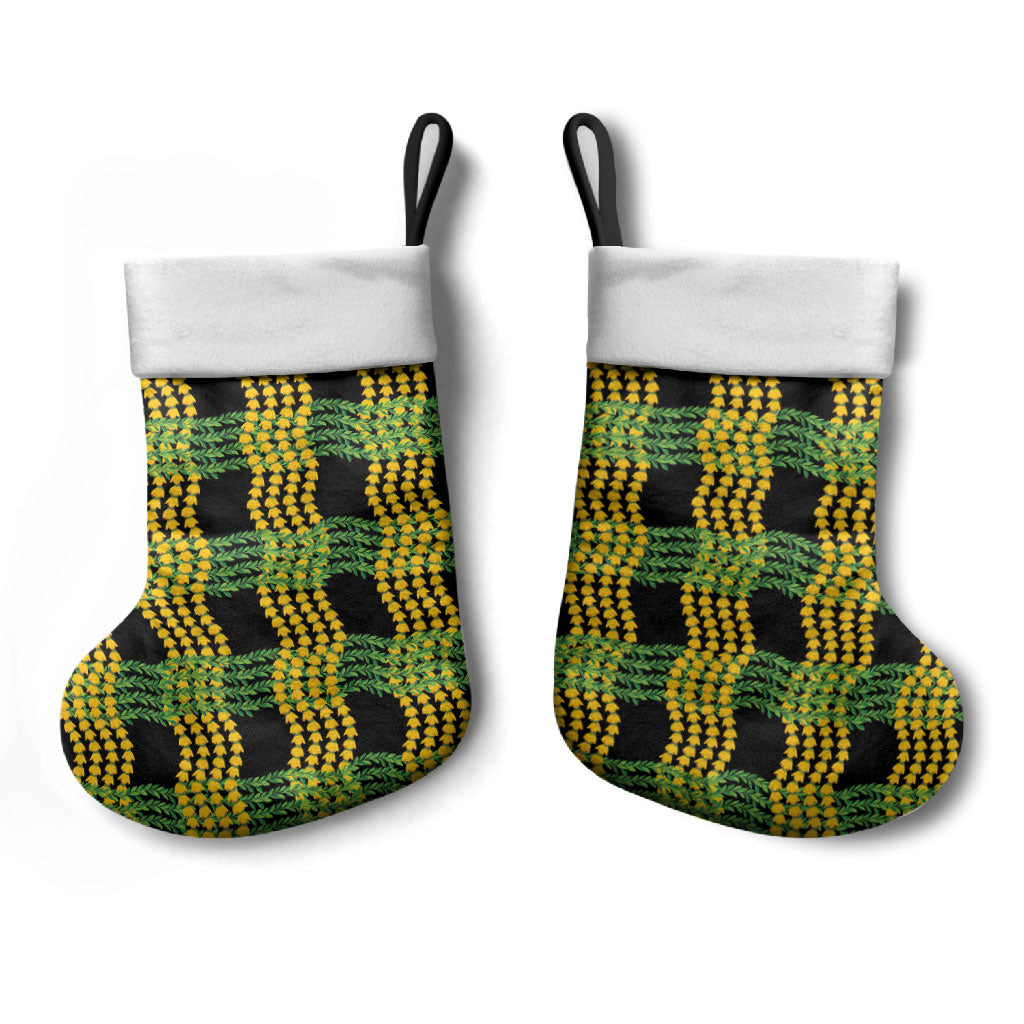 Aloha Hawaii Ilima Maile Lei Christmas Stocking Palaka Inspired Hawaiian-plaid Black