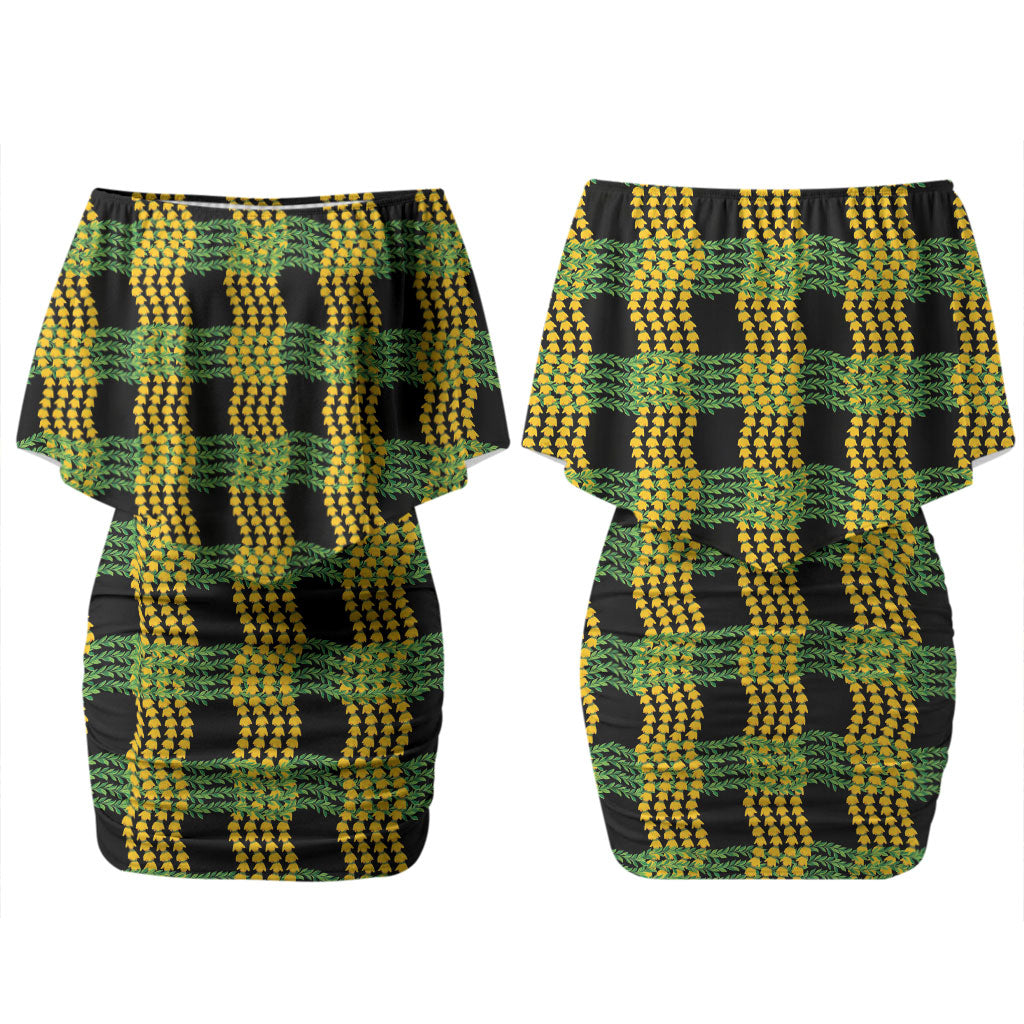 Aloha Hawaii Ilima Maile Lei Couples Matching Off Shoulder Short Dress and Long Sleeve Button Shirt Palaka Inspired Hawaiian-plaid Black