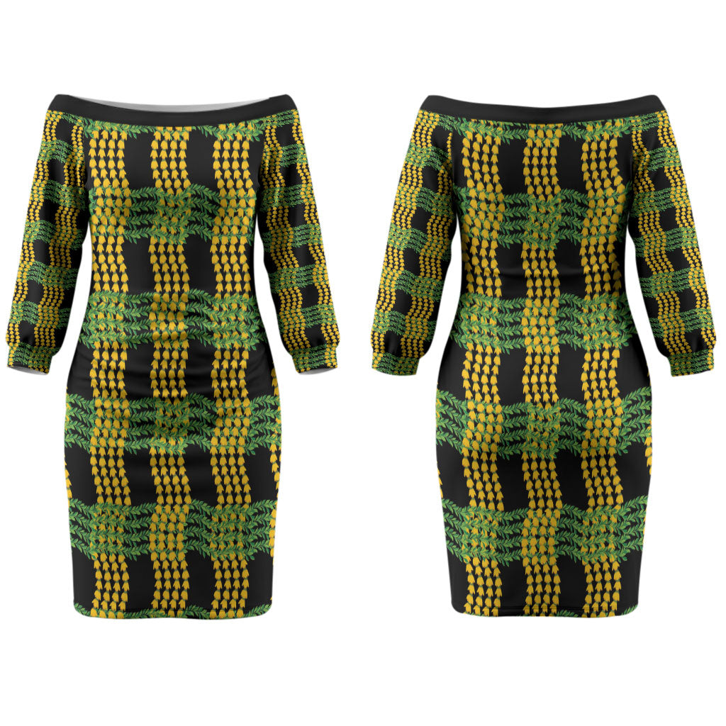 Aloha Hawaii Ilima Maile Lei Couples Matching Off The Shoulder Long Sleeve Dress and Long Sleeve Button Shirt Palaka Inspired Hawaiian-plaid Black