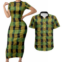 Aloha Hawaii Ilima Maile Lei Couples Matching Short Sleeve Bodycon Dress and Hawaiian Shirt Palaka Inspired Hawaiian-plaid Black