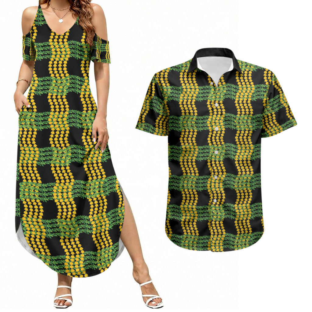 Aloha Hawaii Ilima Maile Lei Couples Matching Summer Maxi Dress and Hawaiian Shirt Palaka Inspired Hawaiian-plaid Black