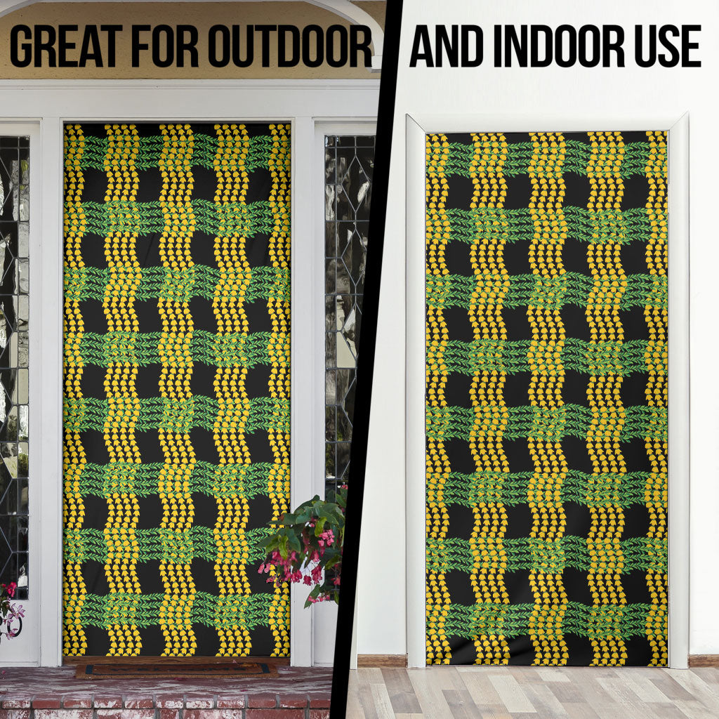 Aloha Hawaii Ilima Maile Lei Door Cover Palaka Inspired Hawaiian-plaid Black