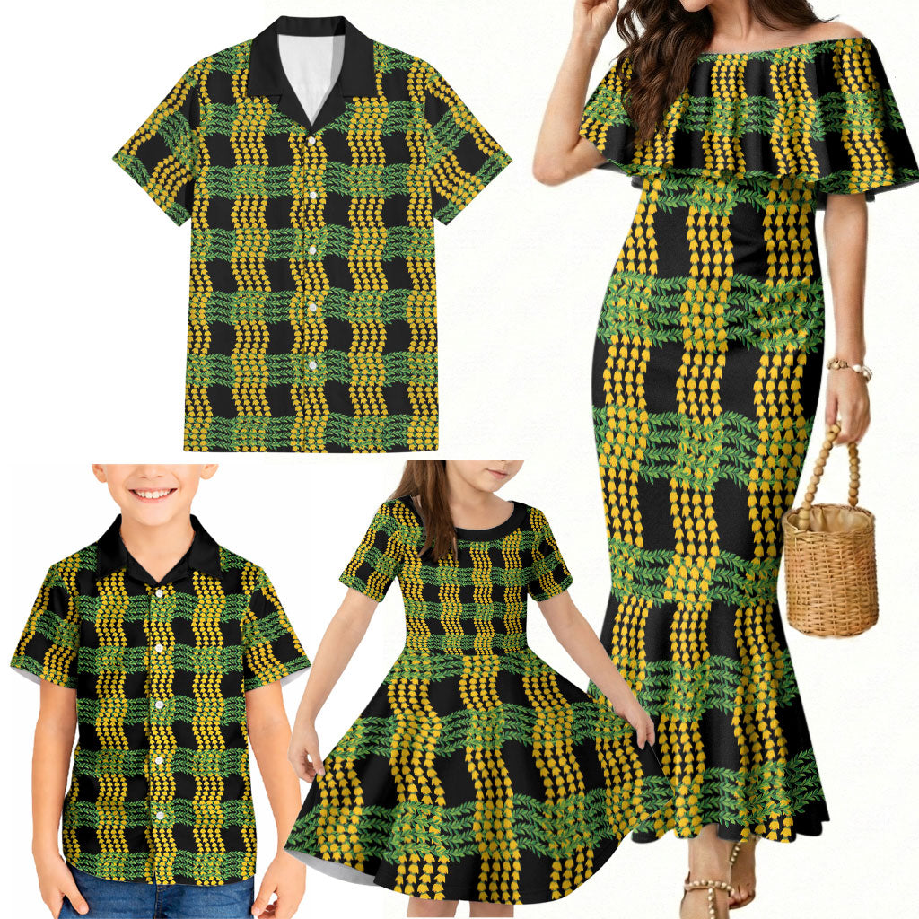 Aloha Hawaii Ilima Maile Lei Family Matching Mermaid Dress and Hawaiian Shirt Palaka Inspired Hawaiian-plaid Black