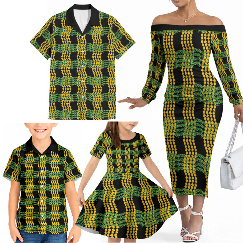 Aloha Hawaii Ilima Maile Lei Family Matching Off The Shoulder Long Sleeve Dress and Hawaiian Shirt Palaka Inspired Hawaiian-plaid Black