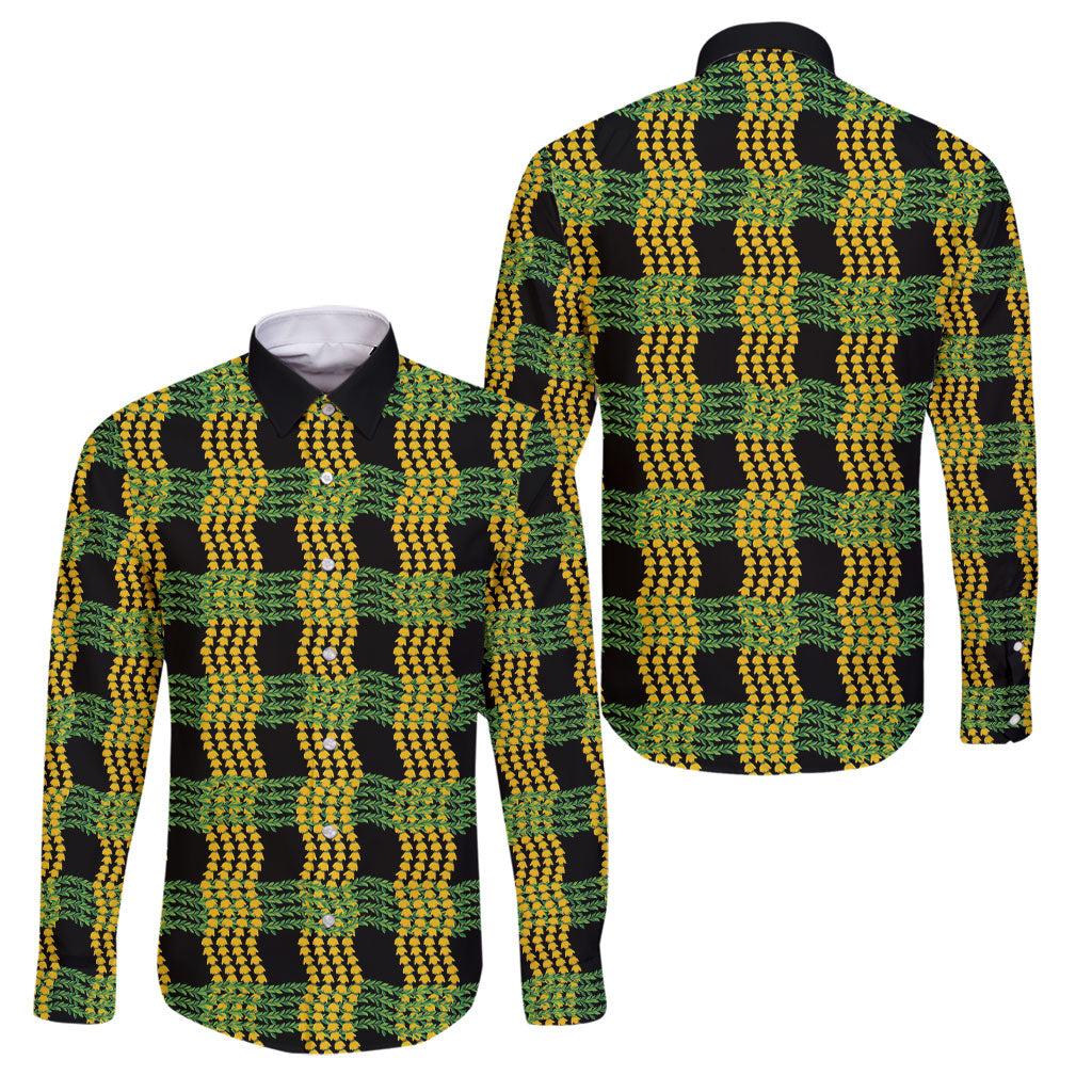 Aloha Hawaii Ilima Maile Lei Family Matching Off The Shoulder Long Sleeve Dress and Hawaiian Shirt Palaka Inspired Hawaiian-plaid Black