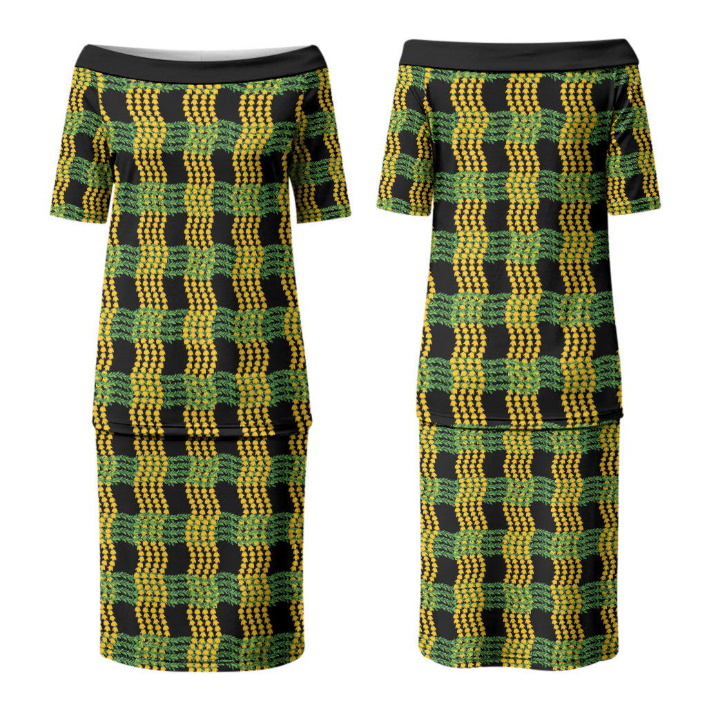 Aloha Hawaii Ilima Maile Lei Family Matching Puletasi and Hawaiian Shirt Palaka Inspired Hawaiian-plaid Black