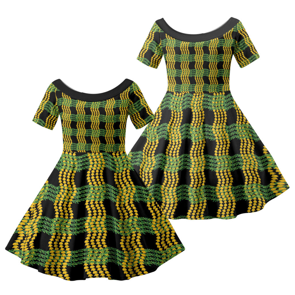 Aloha Hawaii Ilima Maile Lei Family Matching Short Sleeve Bodycon Dress and Hawaiian Shirt Palaka Inspired Hawaiian-plaid Black