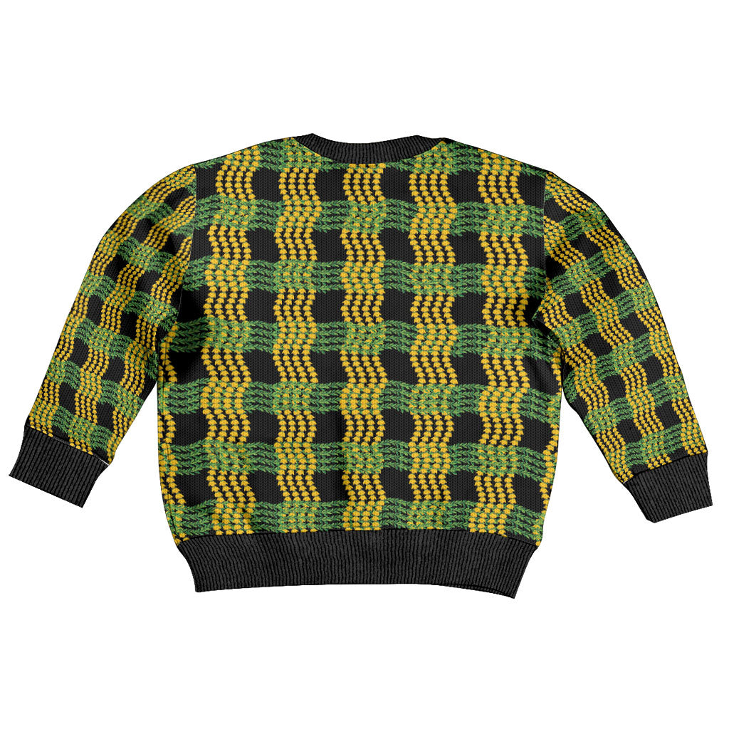 Aloha Hawaii Ilima Maile Lei Kid Ugly Christmas Sweater Palaka Inspired Hawaiian-plaid Black