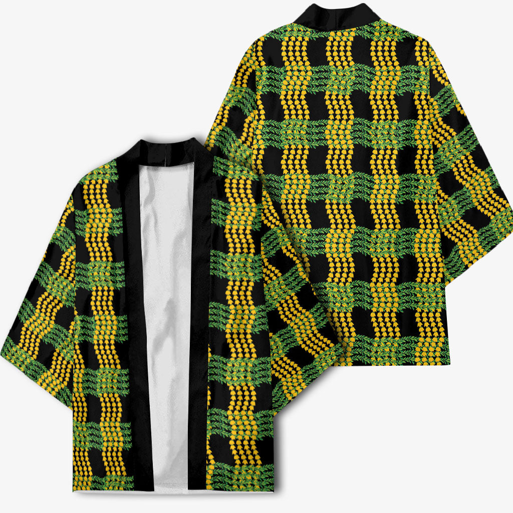 Aloha Hawaii Ilima Maile Lei Kimono Palaka Inspired Hawaiian-plaid Black