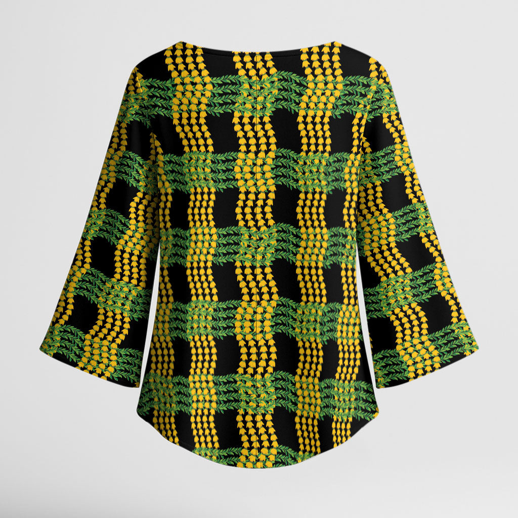Aloha Hawaii Ilima Maile Lei Kimono Sleeve Blouse Palaka Inspired Hawaiian-plaid Black