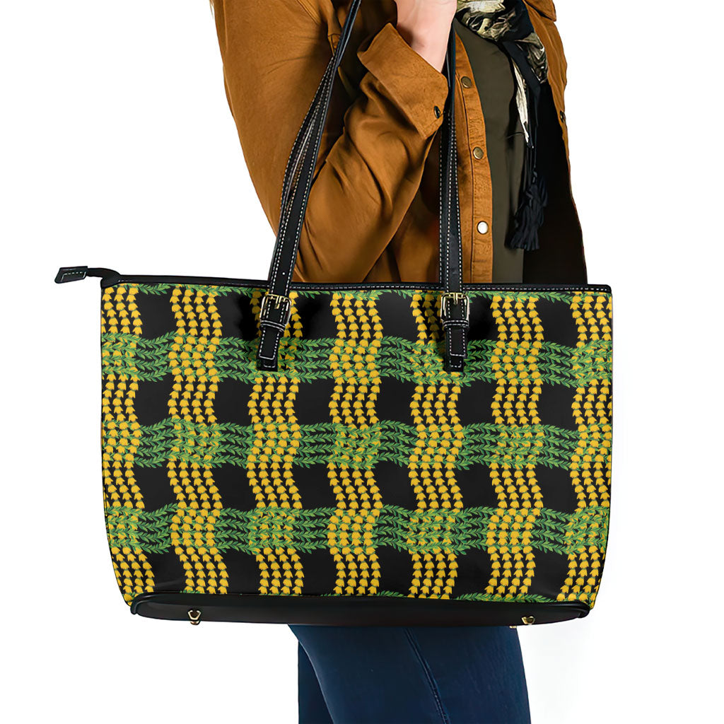 Aloha Hawaii Ilima Maile Lei Leather Tote Bag Palaka Inspired Hawaiian-plaid Black