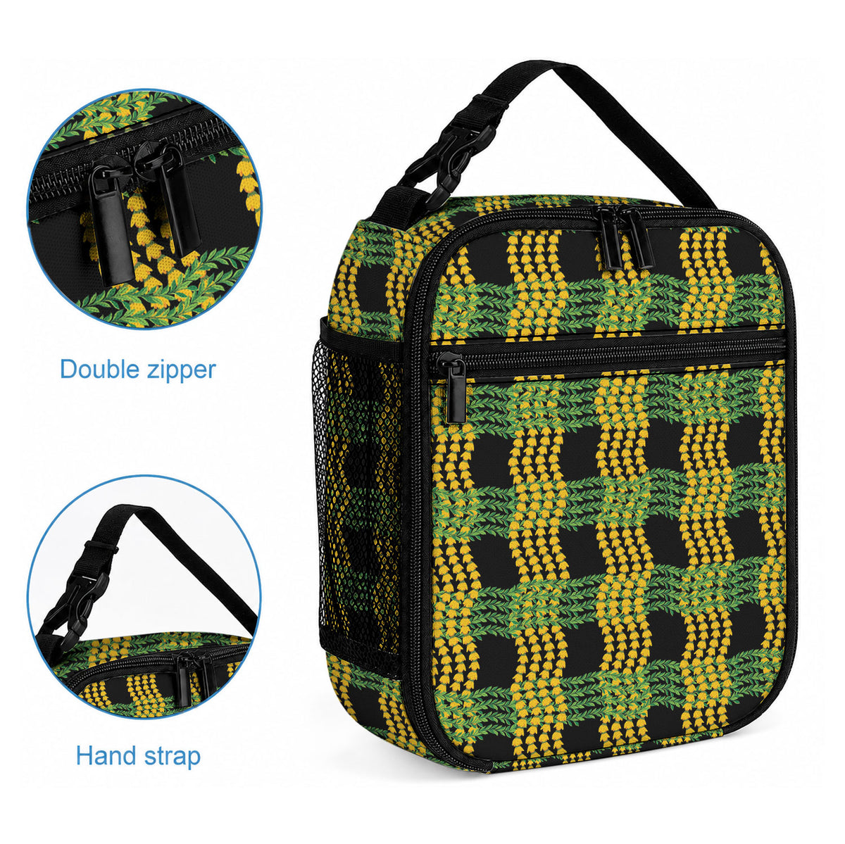 Aloha Hawaii Ilima Maile Lei Lunch Bag Palaka Inspired Hawaiian-plaid Black
