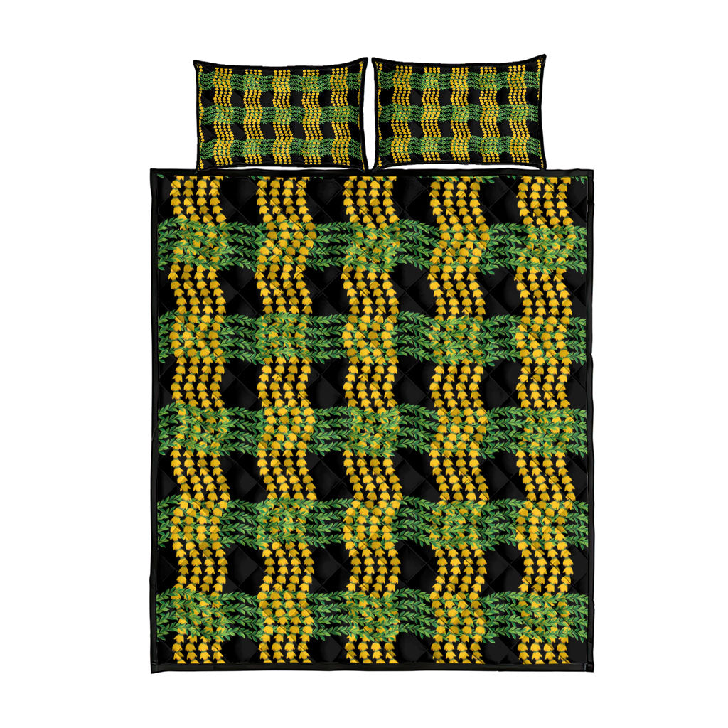 Aloha Hawaii Ilima Maile Lei Quilt Bed Set Palaka Inspired Hawaiian-plaid Black