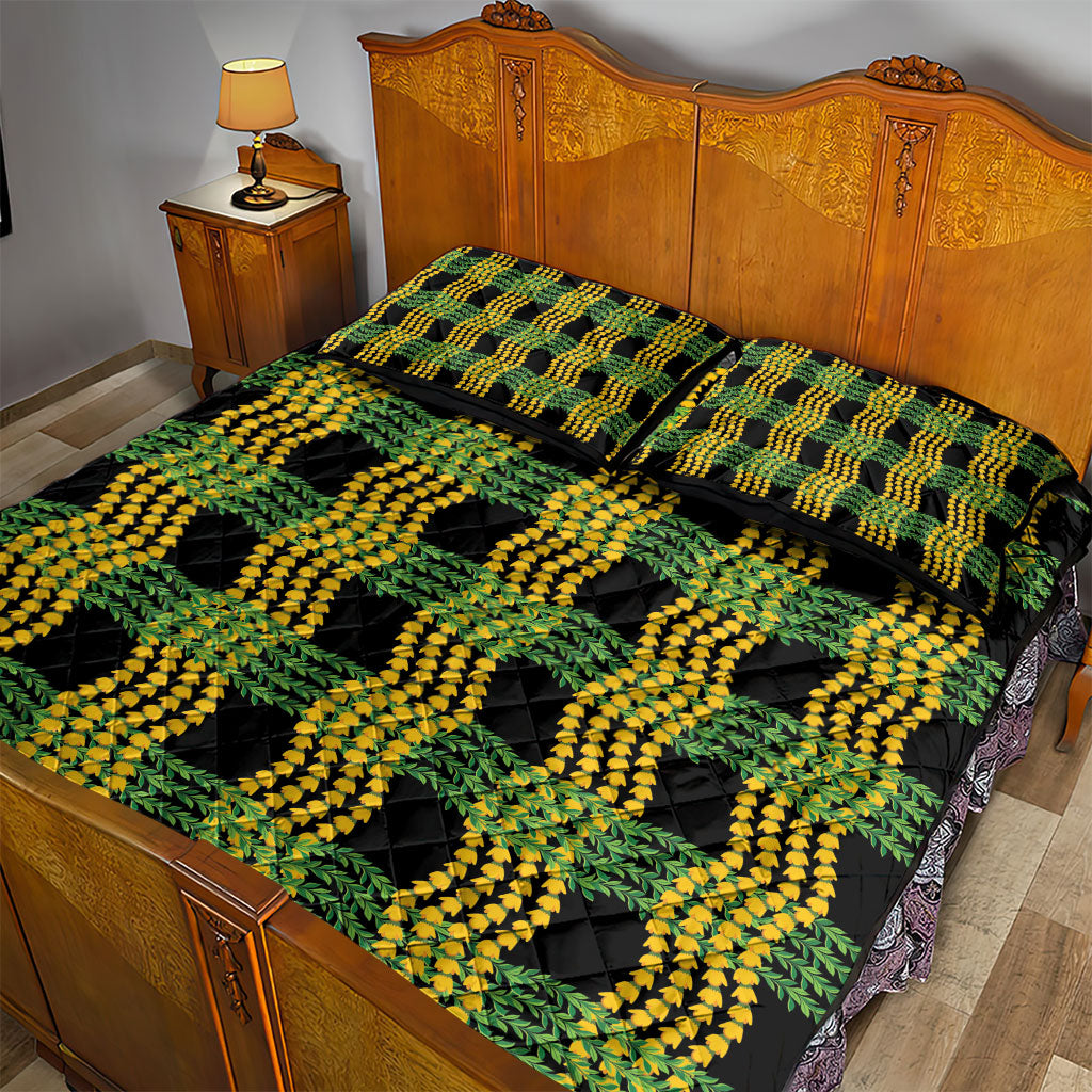 Aloha Hawaii Ilima Maile Lei Quilt Bed Set Palaka Inspired Hawaiian-plaid Black
