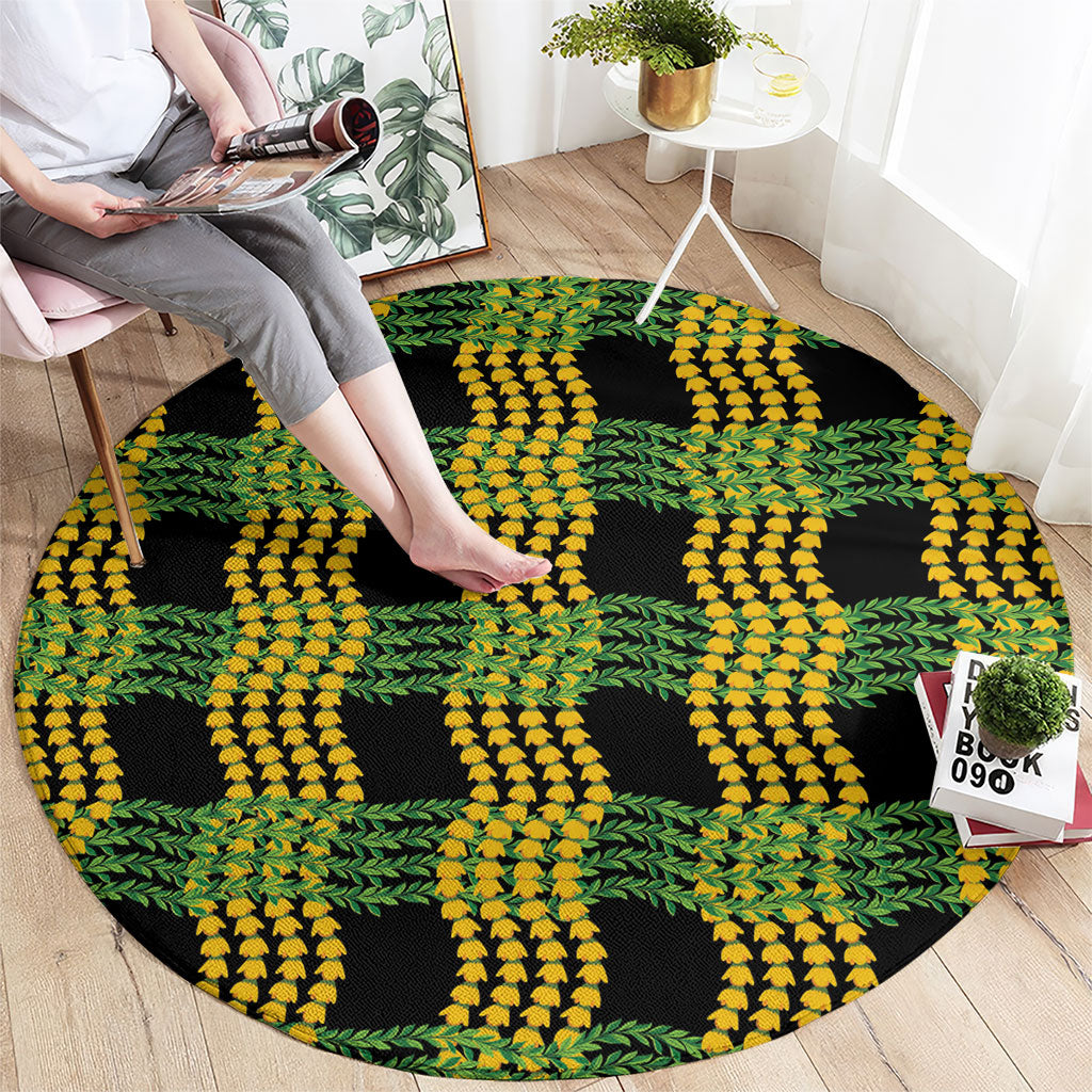 Aloha Hawaii Ilima Maile Lei Round Carpet Palaka Inspired Hawaiian-plaid Black