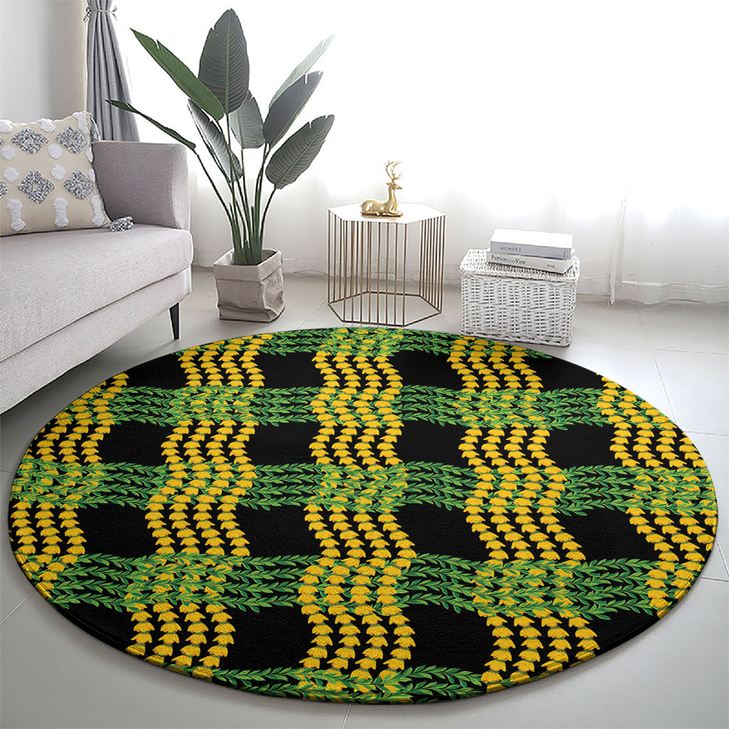 Aloha Hawaii Ilima Maile Lei Round Carpet Palaka Inspired Hawaiian-plaid Black