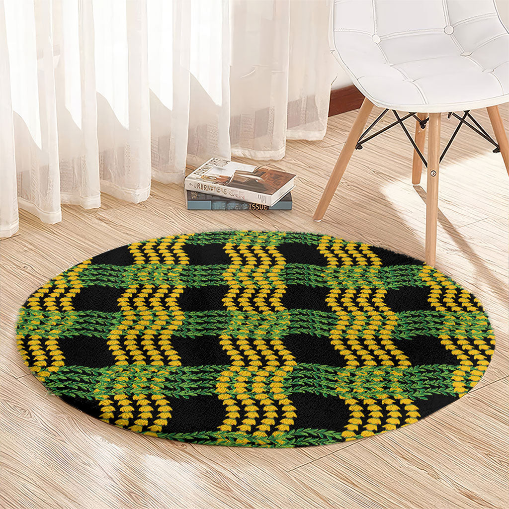 Aloha Hawaii Ilima Maile Lei Round Carpet Palaka Inspired Hawaiian-plaid Black