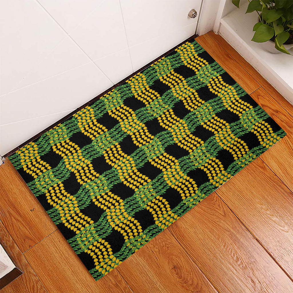 Aloha Hawaii Ilima Maile Lei Rubber Doormat Palaka Inspired Hawaiian-plaid Black