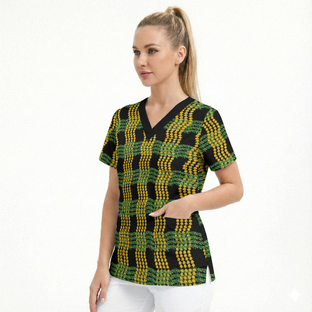 Aloha Hawaii Ilima Maile Lei Scrub Top Palaka Inspired Hawaiian-plaid Black