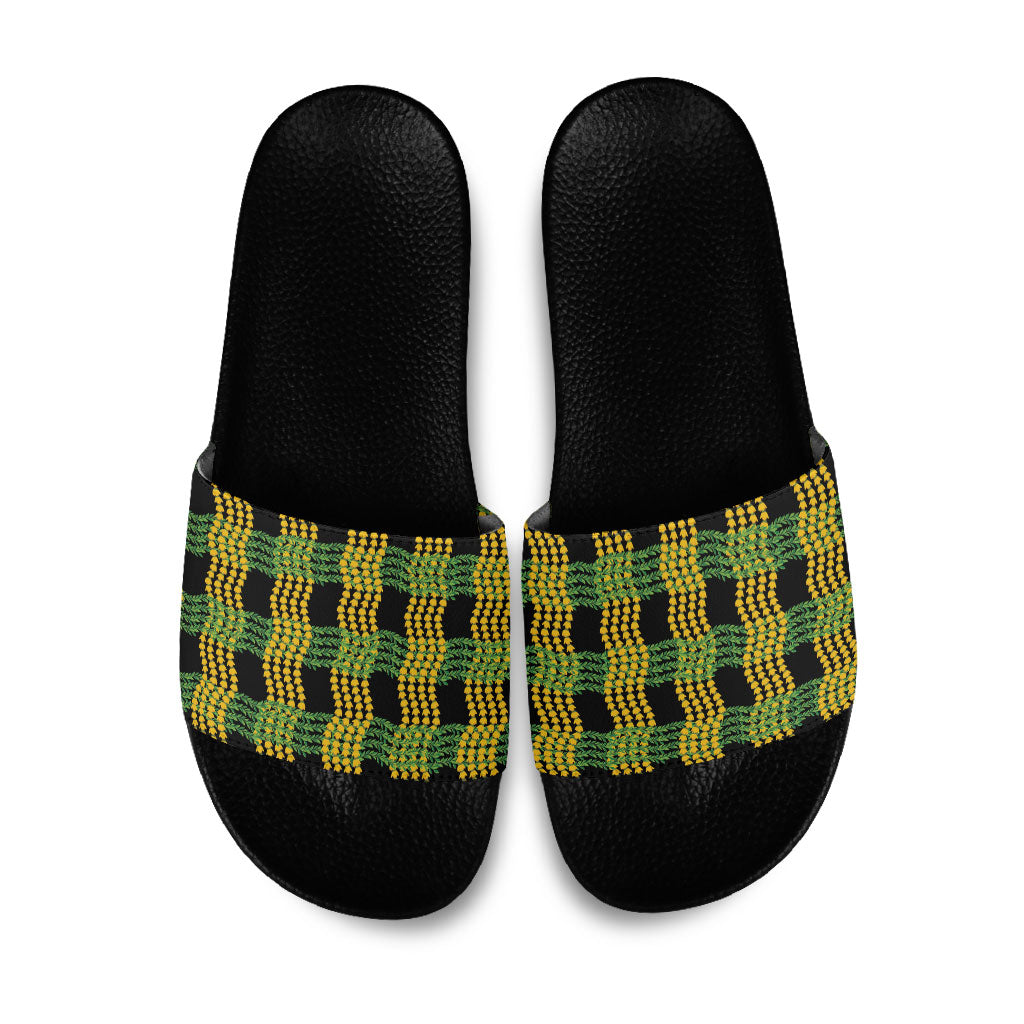 Aloha Hawaii Ilima Maile Lei Slide Sandals Palaka Inspired Hawaiian-plaid Black