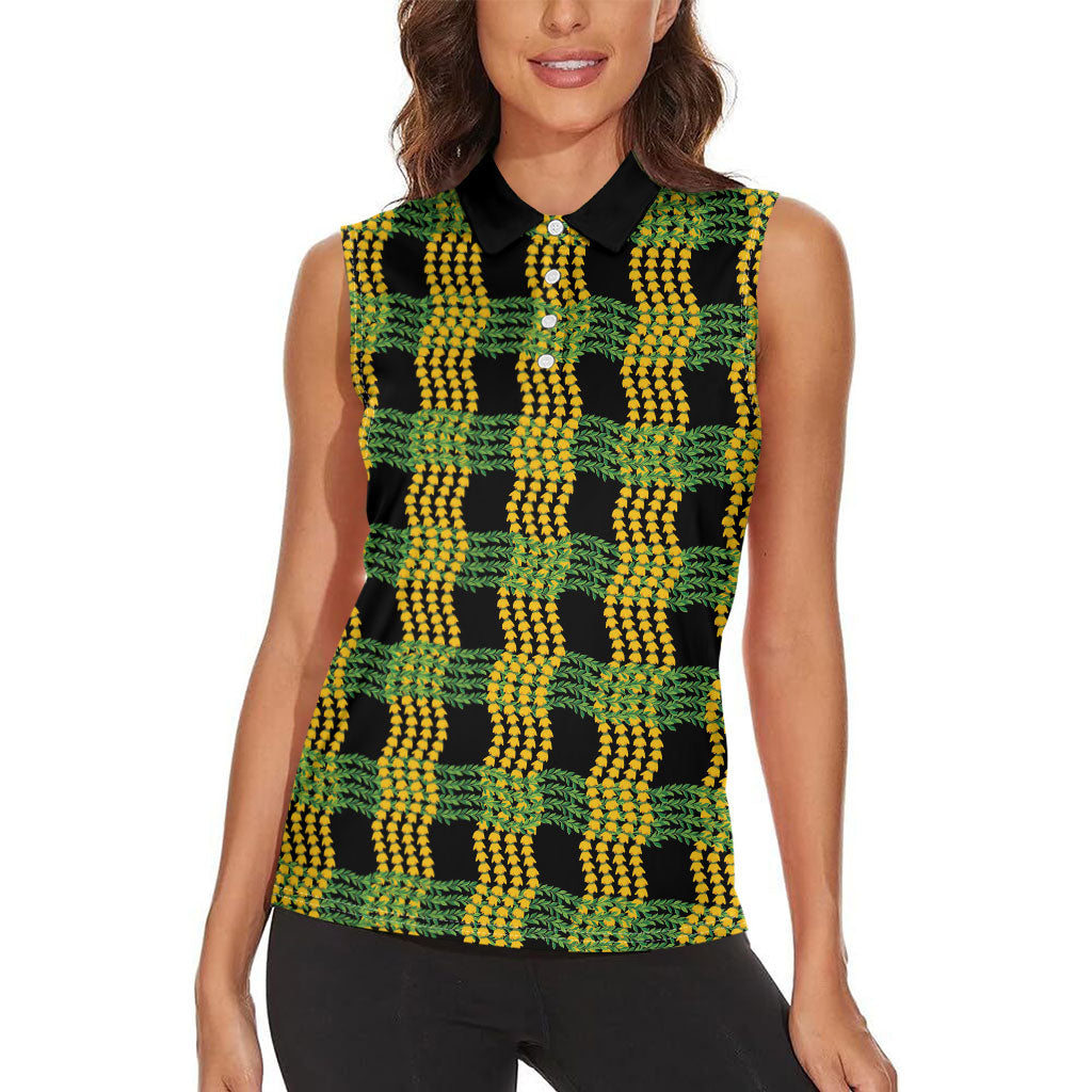 Aloha Hawaii Ilima Maile Lei Women Sleeveless Polo Shirt Palaka Inspired Hawaiian-plaid Black