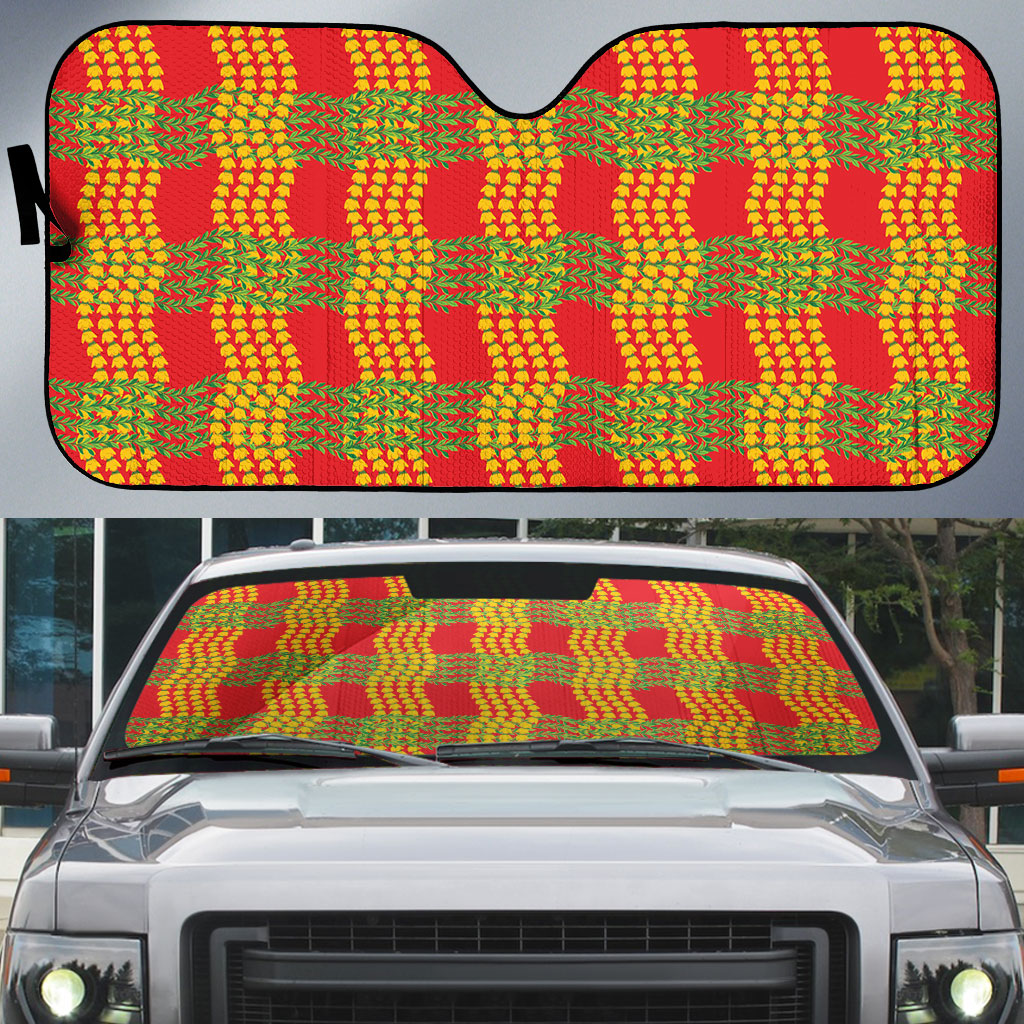 Aloha Hawaii Ilima Maile Lei Auto Sun Shade Palaka Inspired Hawaiian-plaid Red