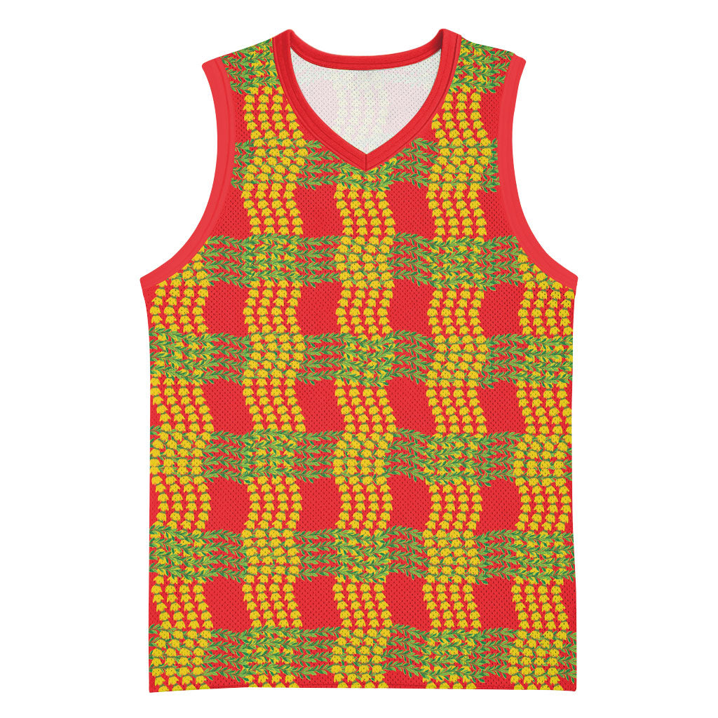 Aloha Hawaii Ilima Maile Lei Basketball Jersey Palaka Inspired Hawaiian-plaid Red
