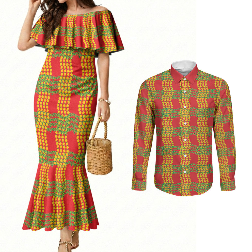Aloha Hawaii Ilima Maile Lei Couples Matching Mermaid Dress and Long Sleeve Button Shirt Palaka Inspired Hawaiian-plaid Red